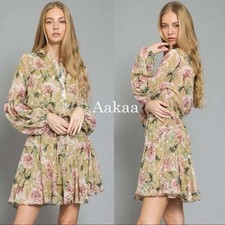 Aakaa Floral Print Women's Dress - Green and Pink Size Large
