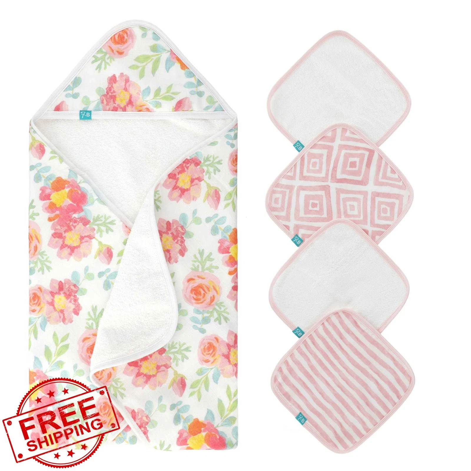 Featherhead 5pc Cotton Muslin Hooded Bath Towel Set Garden Floral