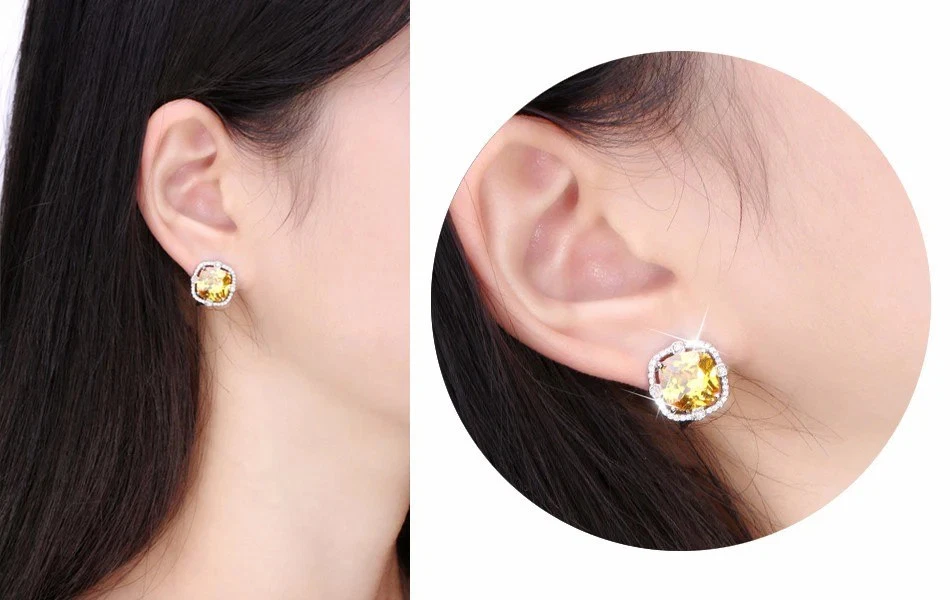 2ct Natural Citrine & Diamond Halo Solitaire Stud Earrings 14k Solid White Gold Foto 3 de 4