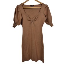 Fashion Nova Knit Dress Brown Puff Sleeve V Neck Ruched Bodycon Size L
