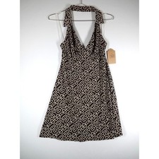Y2K Vintage Rue 21 Halter Mini Dress Womens Medium Brown Geometric Retro Print
