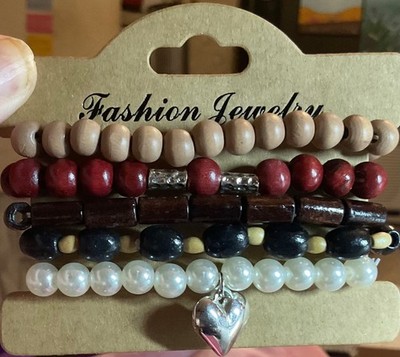 Western 5 pc Pearl Heart Bracelet Set Charm Stack Wood Bead Boho FREE SHIPPING
