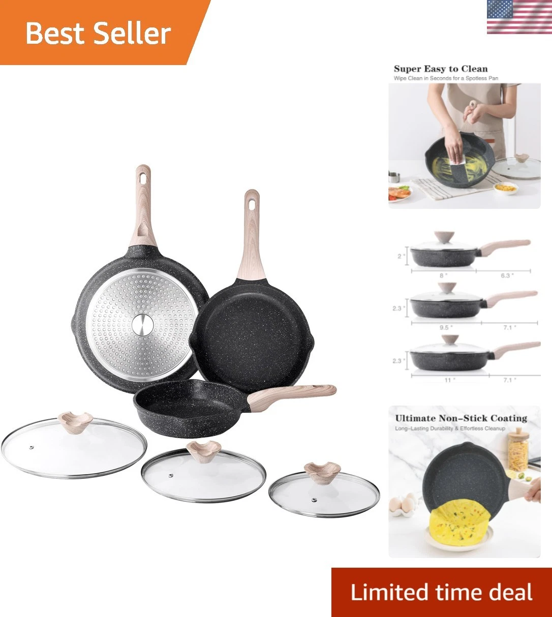 Nonstick Frying Pan Set with Lids, 3 Piece Skillet Set, Healthy Induction Coo...