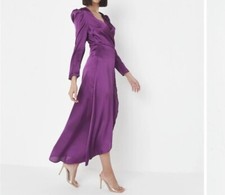 Puff Sleeve Wrap Front Satin Midaxi Dress