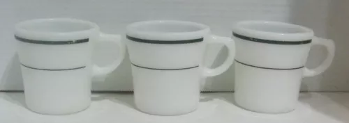 3 Pyrex Tableware Corning Mugs Green Stripe Coffee Restaurant Ware 709