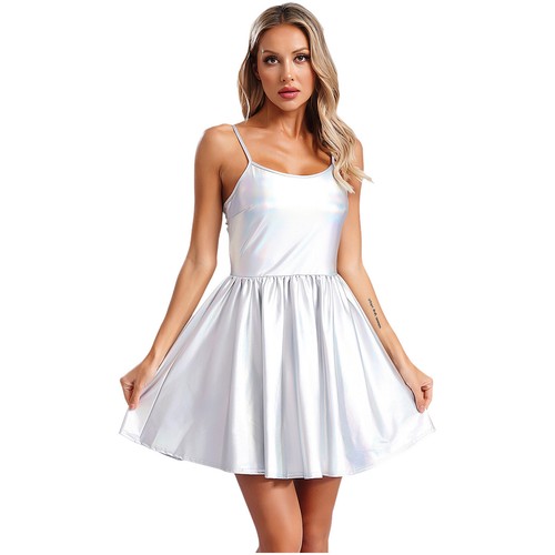 Womens Wet-look Shiny Metallic Club Party Disco Holographic A-line Cami Dress - Picture 53 of 83