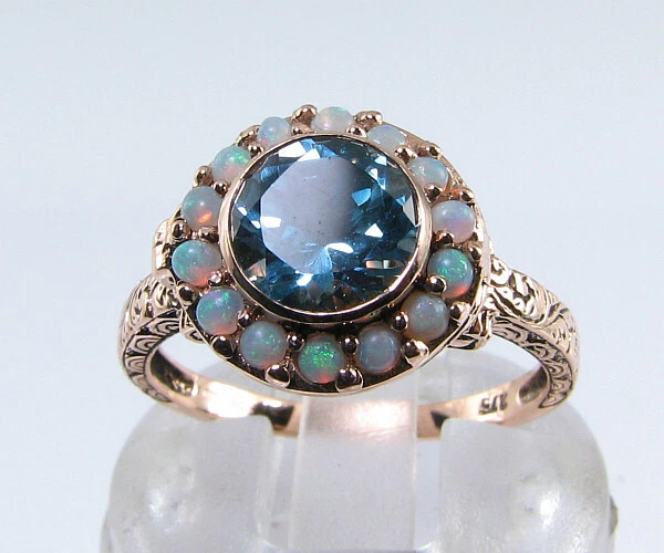 PILLBOX 9K 9CT Oro Rosa Locket Anillo Cluster Pillbox Topacio Azul