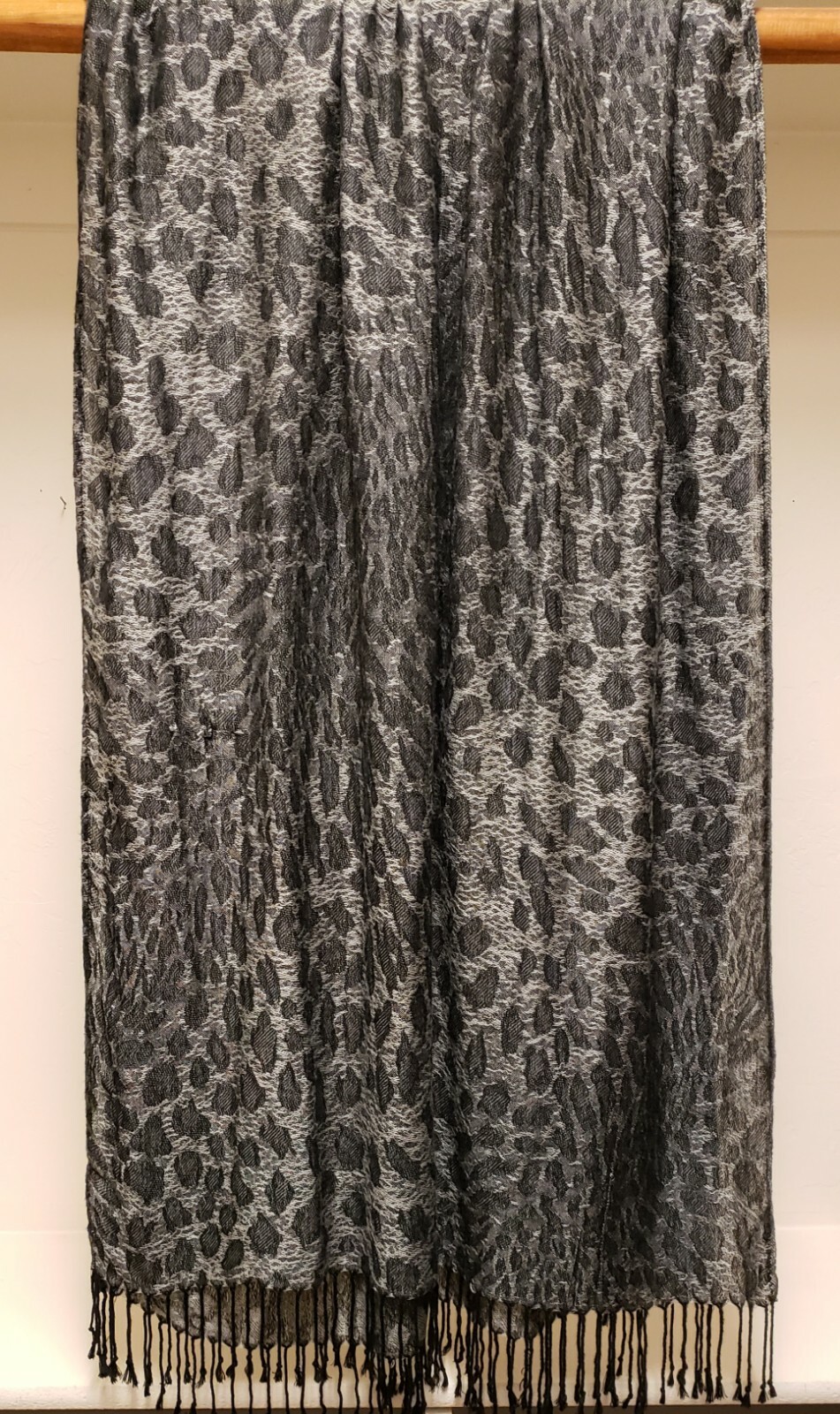 Black Gray Leopard Print Rectangle Scarf with Black Fringe - Super Soft, Oversized Wrap for Stylish Comfort-image