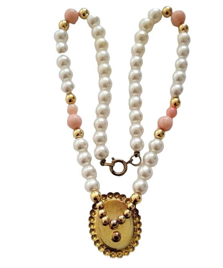 Victorian Style Choker Necklace Pink Cream Resin Cameo Brooch Lady Faux Pearls - image 4 of 4