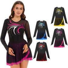Womens Leotard Lyrical Dress Rhinestone Dancewear Patchwork Figure Skating Mesh