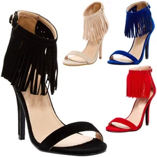 New Women Vegan Suede Open Toe Fringe Cuff Ankle Strap Pump Sandal Stiletto Heel