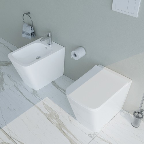 Sanitari bagno A TERRA filomuro rimless VASO WC, COPRIVASO sedile, BIDET Cube - Foto 5 di 6