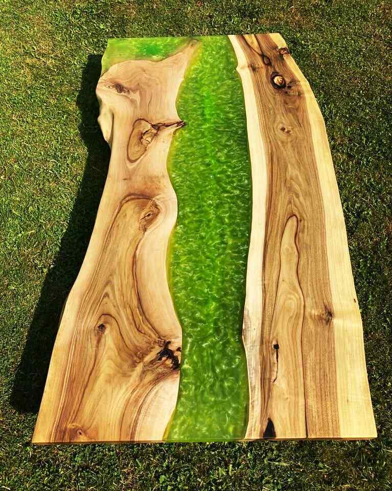 Handcrafted Emerald Green Live Edge River Epoxy Table