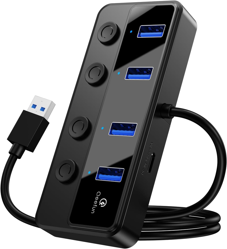 Qeefun 4-Port USB 3.0 Hub with LED Power Switches & 2Ft Extension Cable 5V Power Adapter