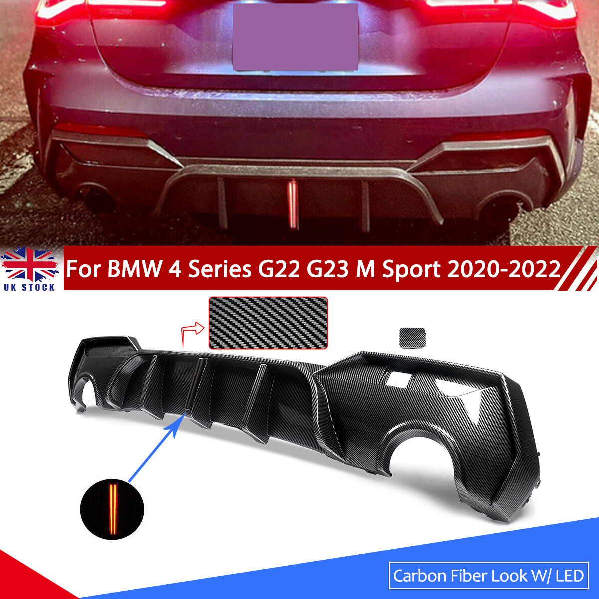 FOR BMW 4 SERIES G22 G23 M SPORT REAR DIFFUSER LIP VALANCE W/ LIGHT CARBON LOOK