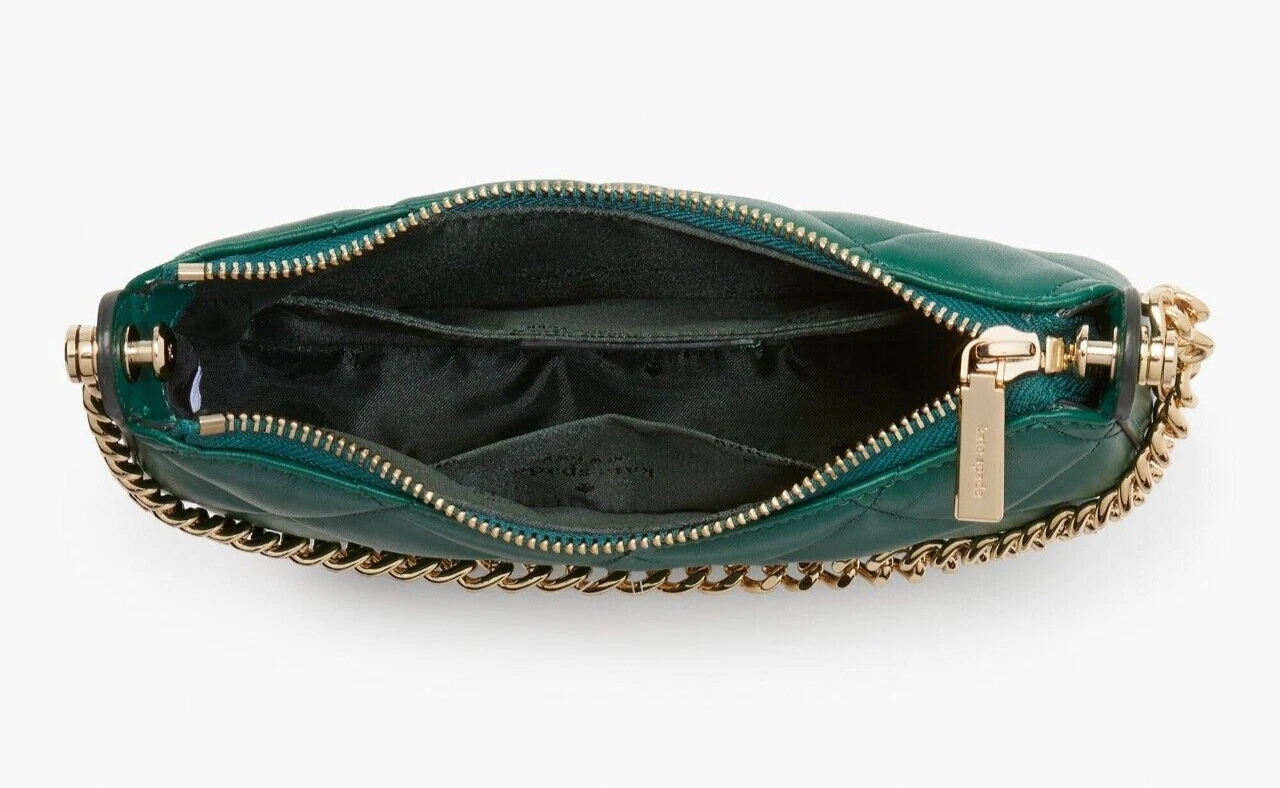 Nuovo sacchetto a tracolla Kate Spade Carey con cerniera superiore trapuntato in pelle liscia giada profonda