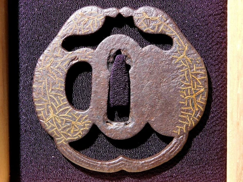 Rarre Form Heianjo Brass Inlaid Gourds Tsuba Edo original tsuba sword antique - Picture 2 of 12