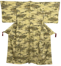 Japanese Vintage Kimono Silk beige village Expensive tradition Heigh 61.81in