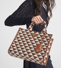 NEW PRADA Symbole Embroidered Fabric Small Handbag Satchel Pattern Tobacco White