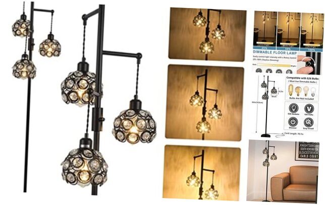 Dimmable Crystal Floor Lamp, Industrial Farmhouse Lamps for Living Room, 3