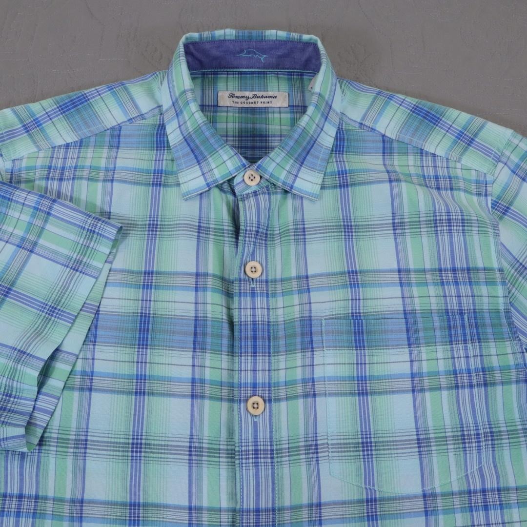Tommy Bahama Shirt Mens Medium Plaid Coconut Point IslandZone Short Sleeve Blue