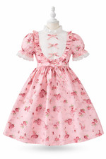 Girls Pink Floral Dress Puff Sleeve Lace Trim Ruffle Bib Bow Tie Party Dress