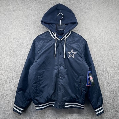 Dallas Cowboys Hooded Varsity Jacket Mens Medium Navy Blue Satin Ultra Game NFL