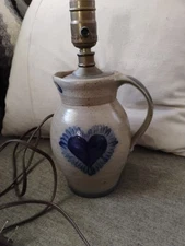 Rowe Pottery Works Salt Glaze Stoneware Electric Table Lamp Blue Heart 1994 7.5"