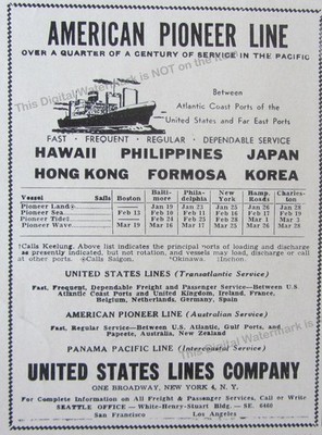 1955 Ad * American Pioneer Line - Atlantic Coast to Far East Ports U.S. Lines Co