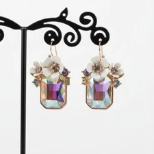 Betsey Johnson Flower Cluster Stone Drop Earrings Iridescent Rectangle Stone
