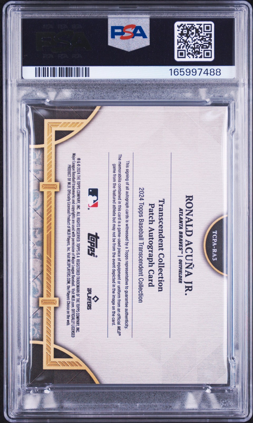 2024 TOPPS TRANSCENDENT COLLECTION PATCH RONALD ACUNA JR. 15/15 PSA 8 AUTO 10 view 2