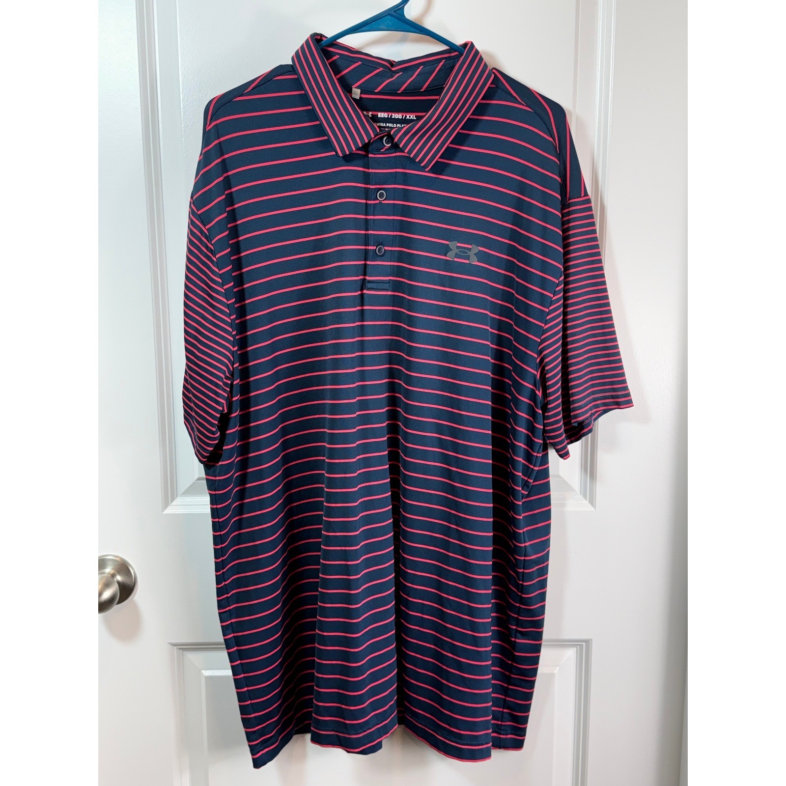 Under Armour Mens Playoff Polo Shirt XXL Navy Blue Pink Striped Golf Loose Fit