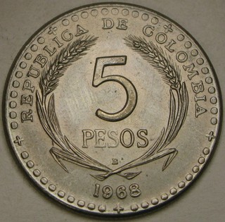 COLOMBIA 5 Pesos 1968 B Copper Nickel Eucharistic Congress XF/aUNC 2852