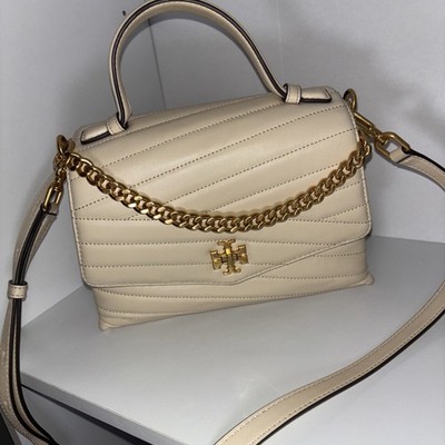 TORY BURCH Kira IvoryChevon Leather Quilted Convertible Satchel Shoulder Handbag
