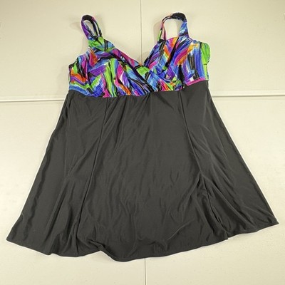 Great Lengths Swim Dress Women 22 Black Multicolor Abstract Print Cruise Vacay