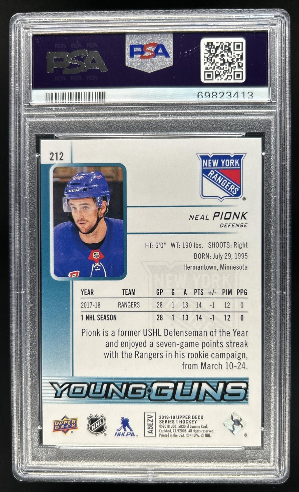 2018-19 Upper Deck Neal Pionk Rookie Young Guns RC #212 Rangers PSA 10 GEM MINT view 2