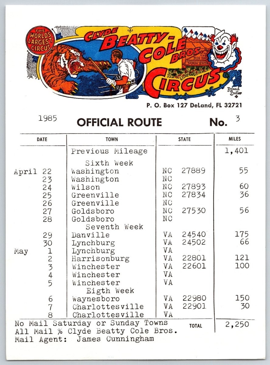 Clyde Beatty-Cole Bros Circus 1985 Official Route Card No. 3 Paper