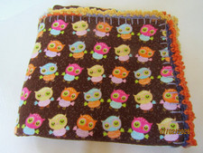 Handcrafted Owl Blanket Quilt with Crochet Edge Lavender Flannel Back 36 x 39 in