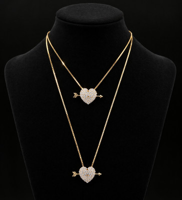 Crystal Broken Heart Cupid Arrow Pendant Chain Necklace Set Gold Silver Tone Fas