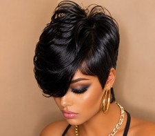 Pixie Cut Black Wigs with Bangs Glueless Wigs Natural Human Hair Wigs For Women