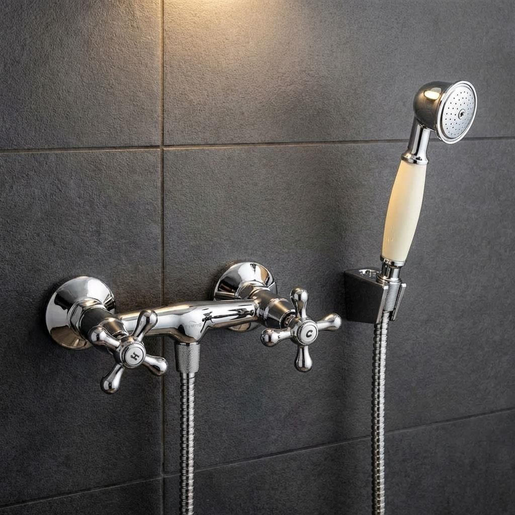 Traditional Cross Head Shower Mixer Wall Mounted Kit Chrome Plated Brass