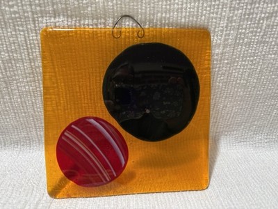 Signed-Yellow/Black Sphere/Red W/Wh.Stripes Sphere-Art Glass Wall/Window Hanging