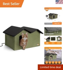 Extra-Wide Heated Cat House with Escape Doors - Safe & Weatherproof - Olive