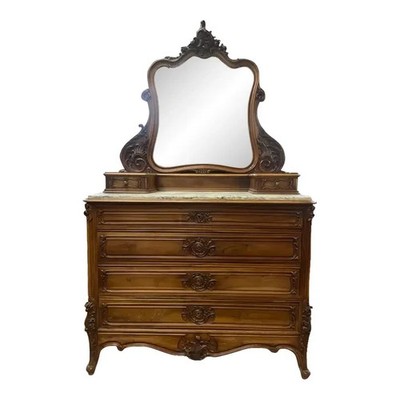 Early 1900's French Made Marble Topped Mirrored Dresser, Hand Carved, 6 Drawers