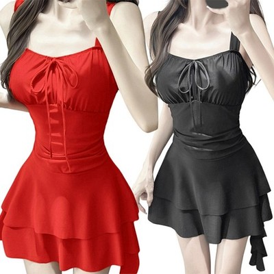 Damen Badeanzug mit reichlich Abdeckung - für elegantes Design S M L XL schwarz rot