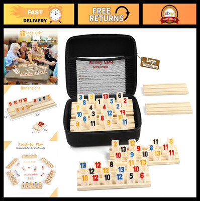Rummy Cube 6 Player Game Set - 160 Large Number Tiles, Wooden Racks & Travel Cas