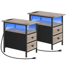 Narrow Side Table Set 2 with LED Light and USB C Port, Night Stand with Charg...