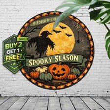 Happy Halloween Full Moon Cat Pumpkin 8x8 Round Door Metal Tin Sign