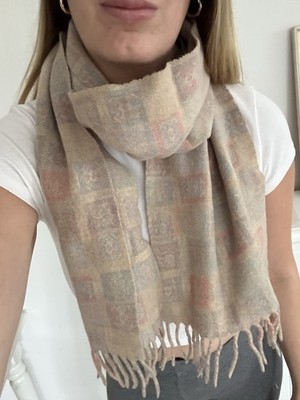 Schal Vintage Beige Gemustert 100% Wolle Lammwolle Made In Italy