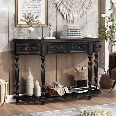 Classical-Style 52 In. Black Rectangle Wood Console Table Entryway Table with 4-